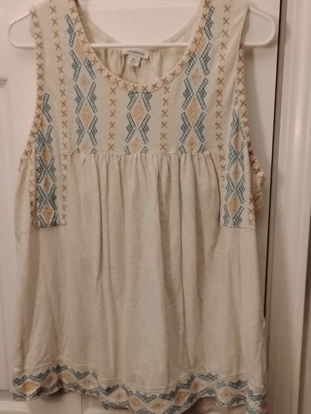 Sundance Cream Tank Top with Blue and Tan Embroidery